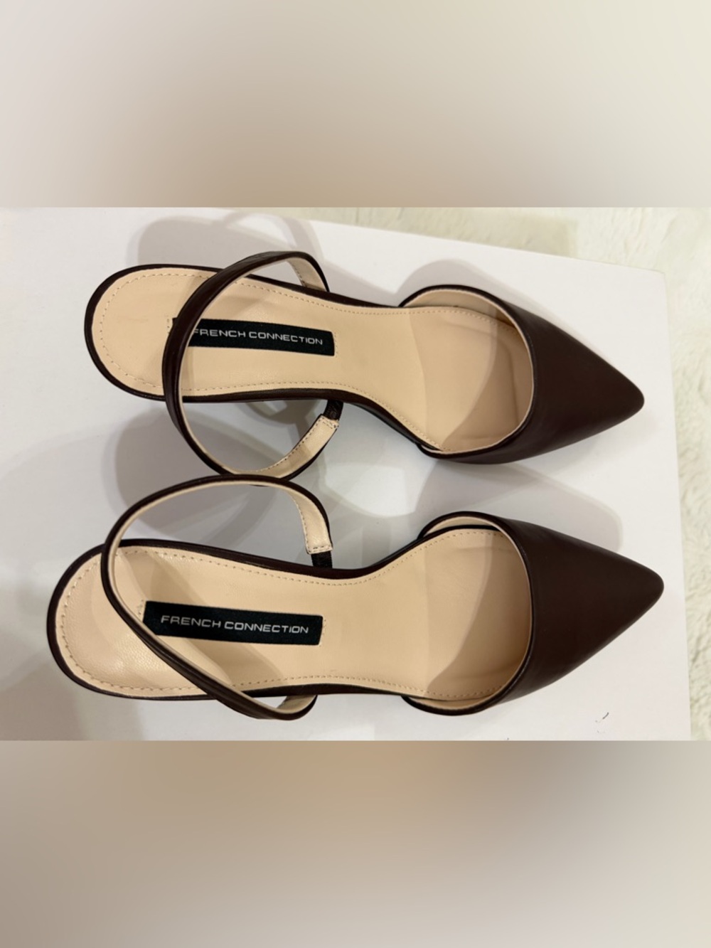 French Connection Dark Brown Pointed-Toe Ankle Strap Heels